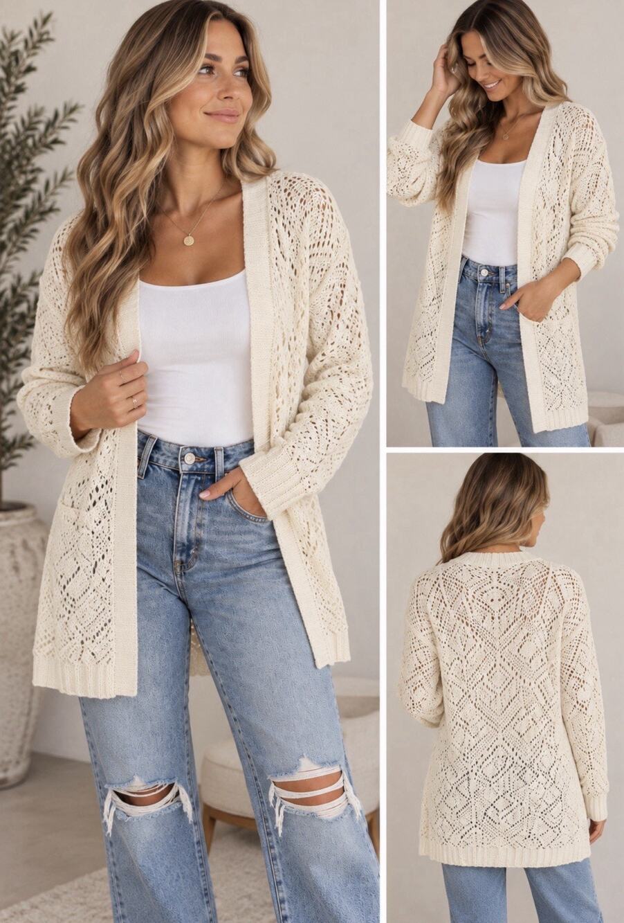 Aeropostale Women’s Medium Cream Crochet Open Knit Long Cardigan Boho